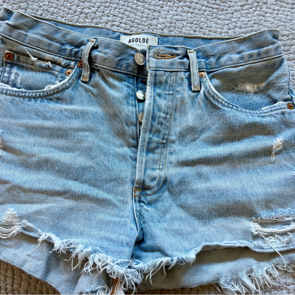 Agolde Parker Blue Frayed Jean Shorts